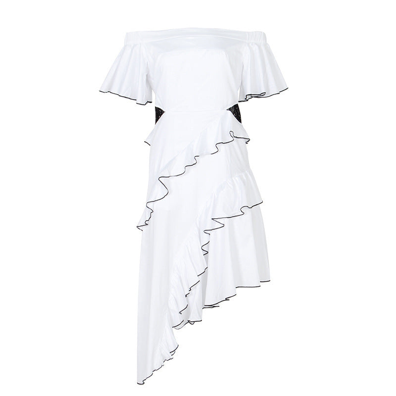 Temperament Dress Women's Dress 2025 Spring New Word-Collar Irregular Lace Splicing Beautiful White Dress