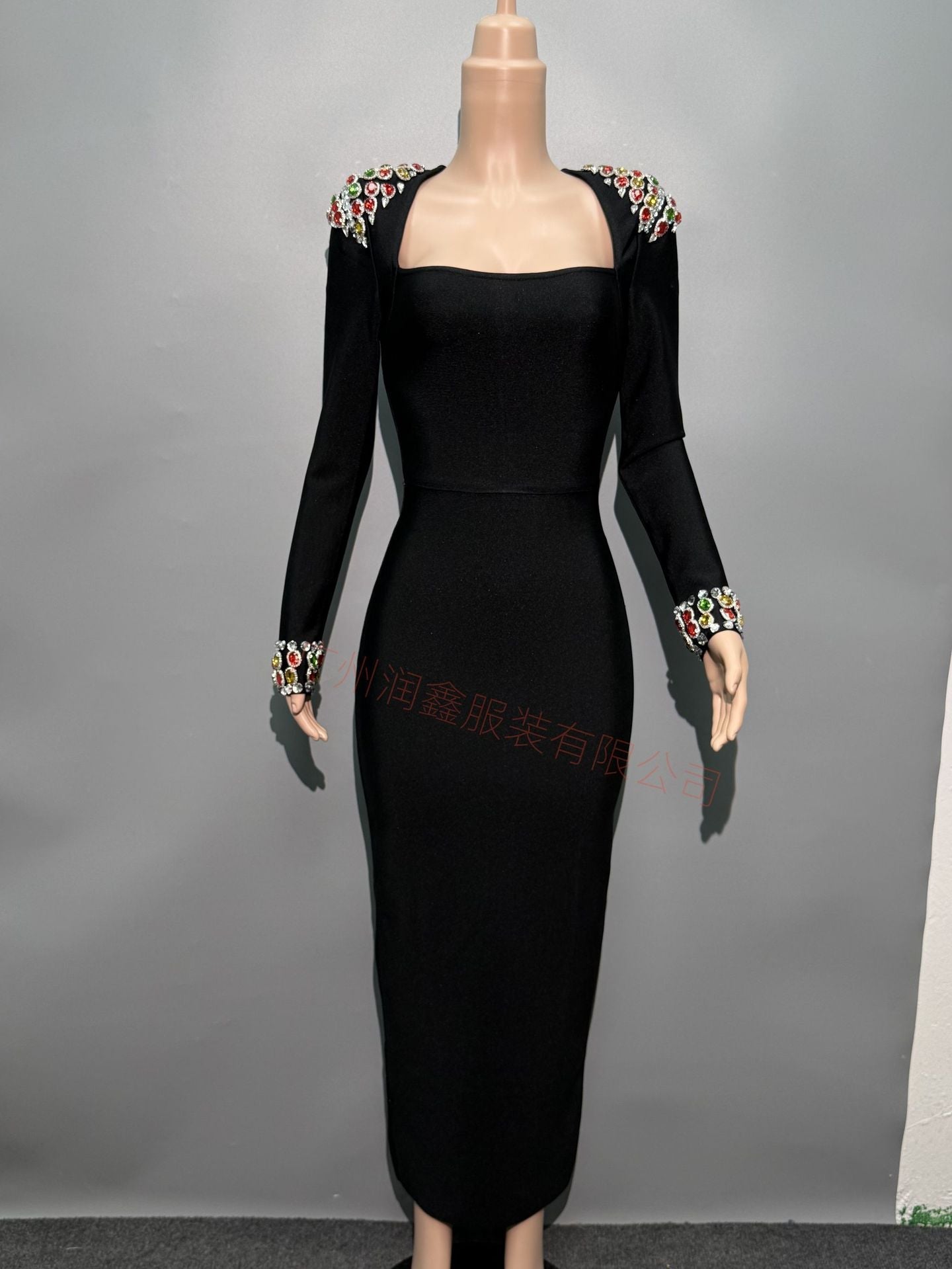 Autumn/Winter Dress French Women's Dress Handmade Color Diamond Long-Sleeved Collar Knitted Evening Dress