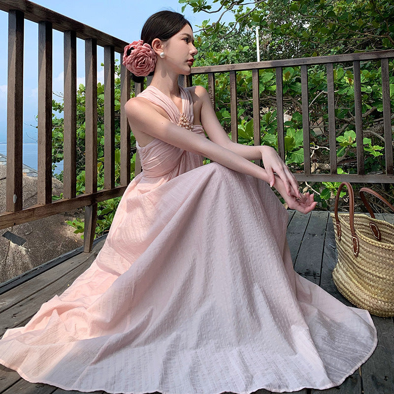 New Summer Photo Wearing Hanging Neck Beach Dress Sanya Seaside Holiday Dress Woman