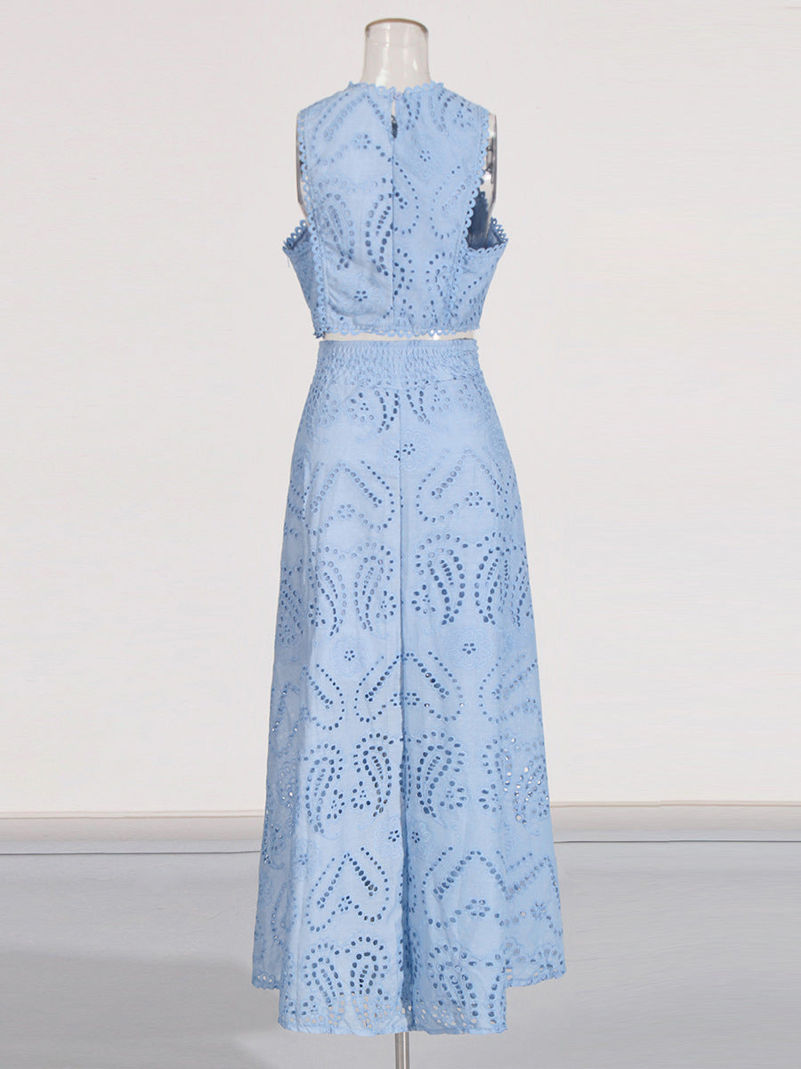 Holiday Wind 2025 New Round Collarless Bare Waist Vest High Waist Half-Dress Embroidered Two Sets Of Women