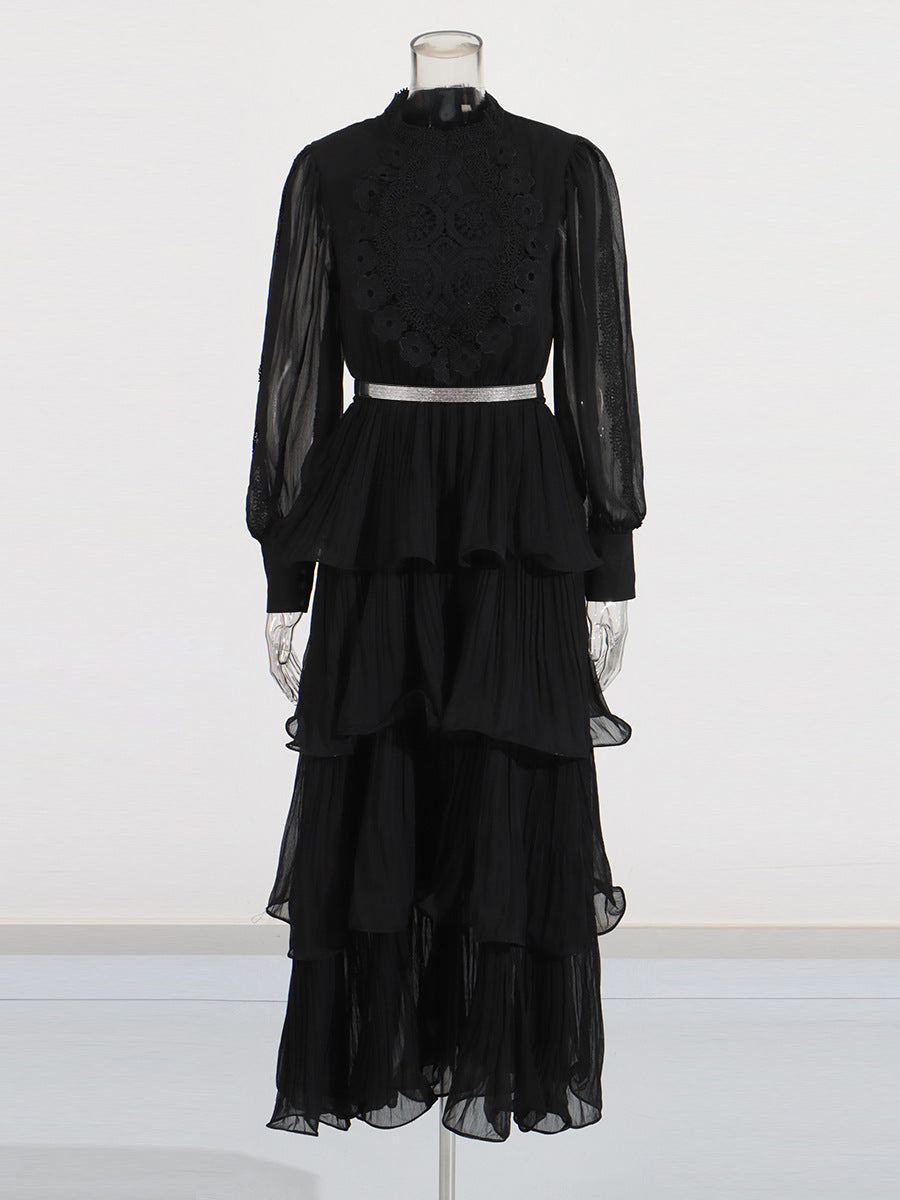 Lotus Leaf-Side Dress Spring 2025 New Temperament Elegant Embroidered Design Belt Long-Sleeved Dress