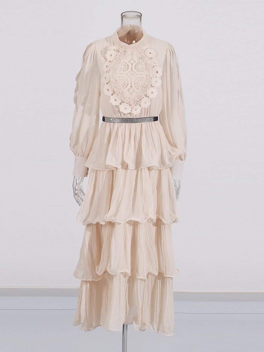 Lotus Leaf-Side Dress Spring 2025 New Temperament Elegant Embroidered Design Belt Long-Sleeved Dress