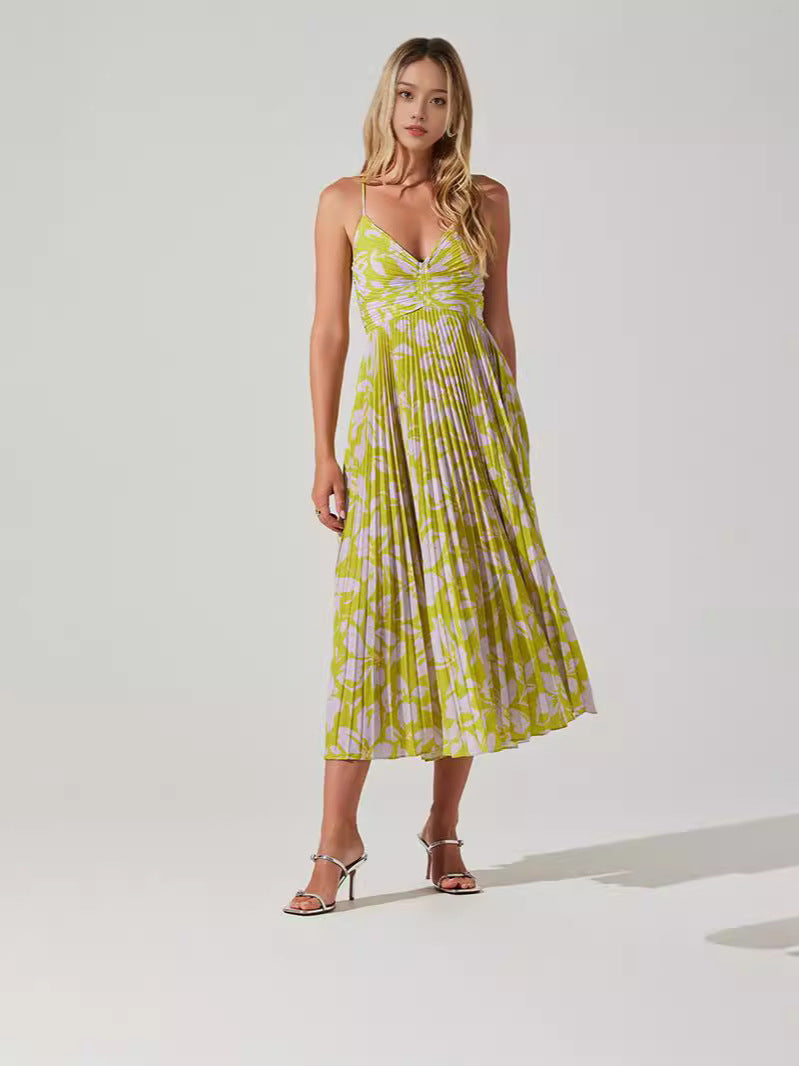 Summer New Fashion Colorful Printing Press Folding Sling Dress