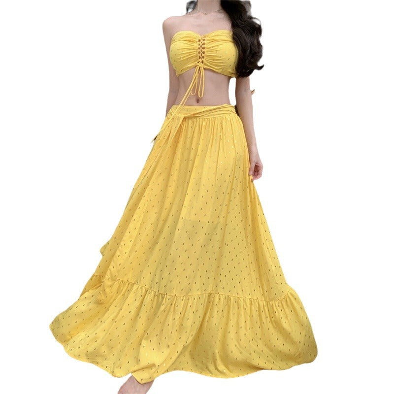 Seaside Resort Style Sexy Folded Blouse Blouse Swing Half-Dressed Two-Piece Suit Woman