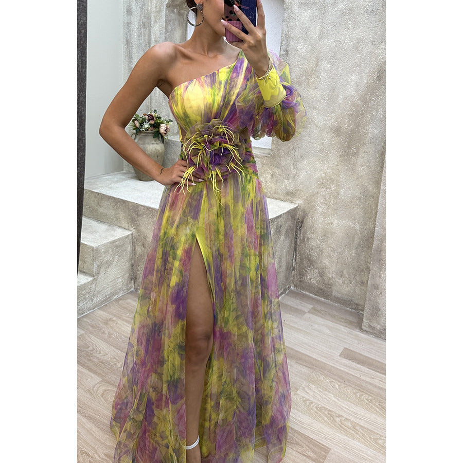 New Party Mesh Slanted Shoulder Dress INS Casual Fashion Dress Women HZ0628