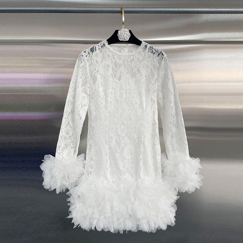 Senior Sense Dress Woman 2025 Summer New Lace Collar Splicing Mesh Long Sleeve Short Dress Women's Dress