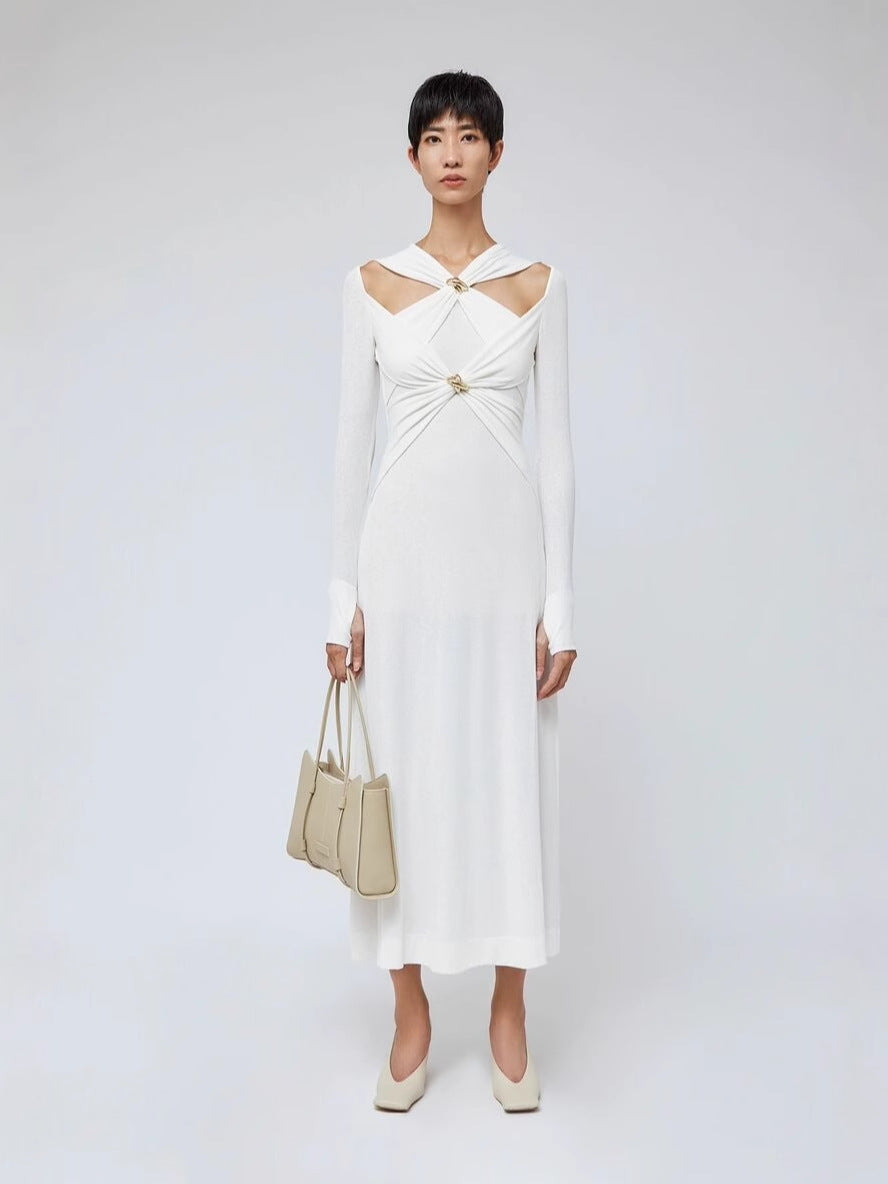 Knitted Long Dress 2025 Spring Famous Temperament Cross-Toning Knot Hollow Folded Slimming Dress