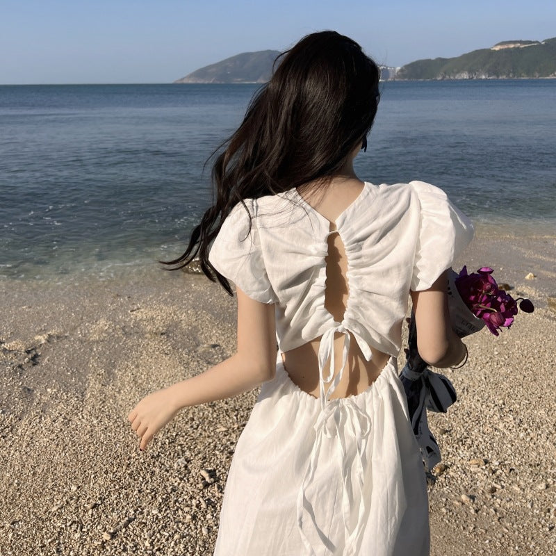 Bare Back Seaside Holiday Dress Sanya Photo Beach Dress Showing Thin Bubble Sleeves Super Fairy Dress
