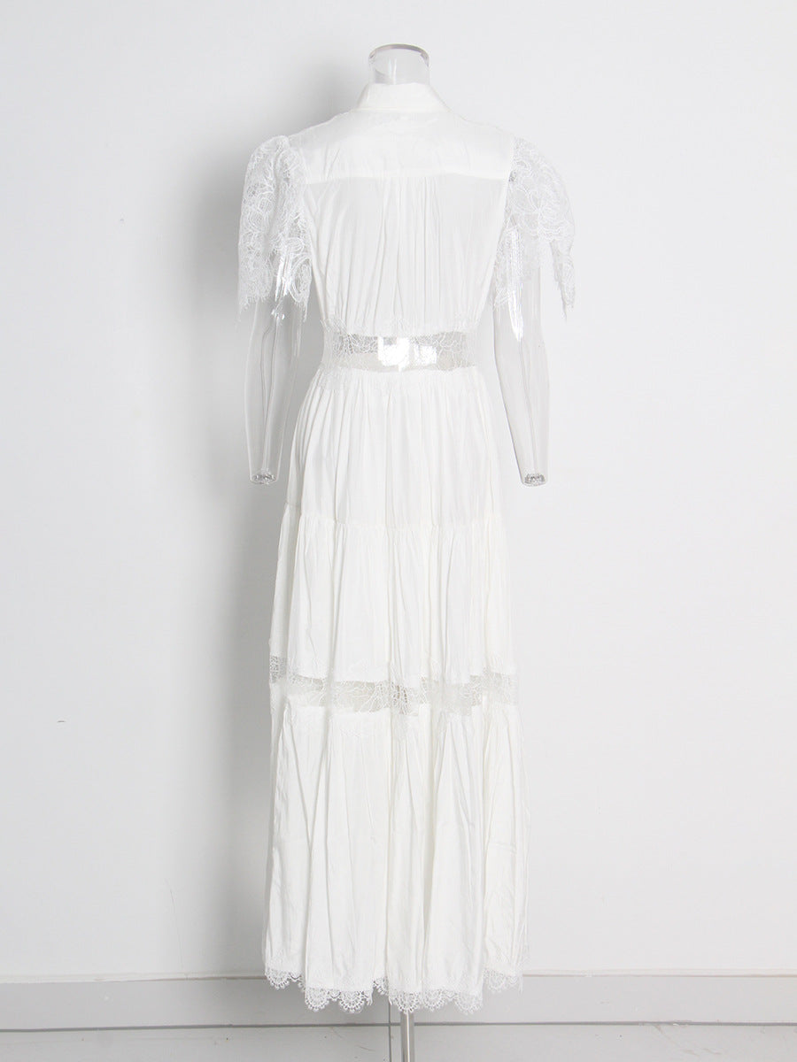 Black Rose Lace Stitched 2025 New Women's Summer Collar Short-Sleeved Long Solid Dress