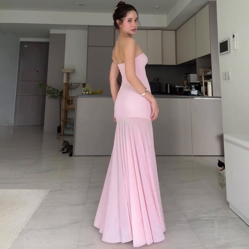 2025 New Solid-Colored Sleeveless Chest-Width Roll-Back Hip-Upper Dress