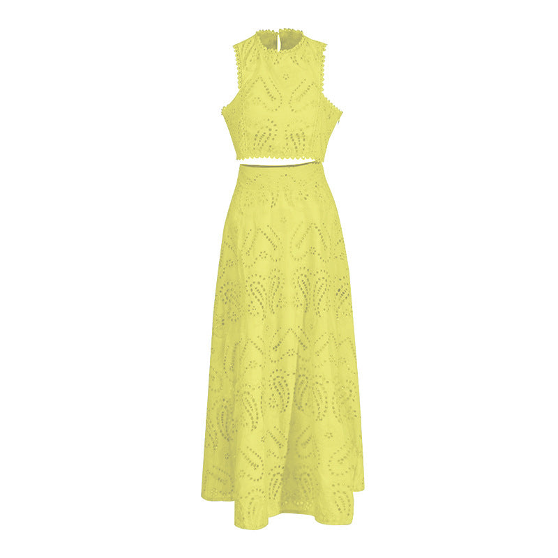 Holiday Wind 2025 New Round Collarless Bare Waist Vest High Waist Half-Dress Embroidered Two Sets Of Women