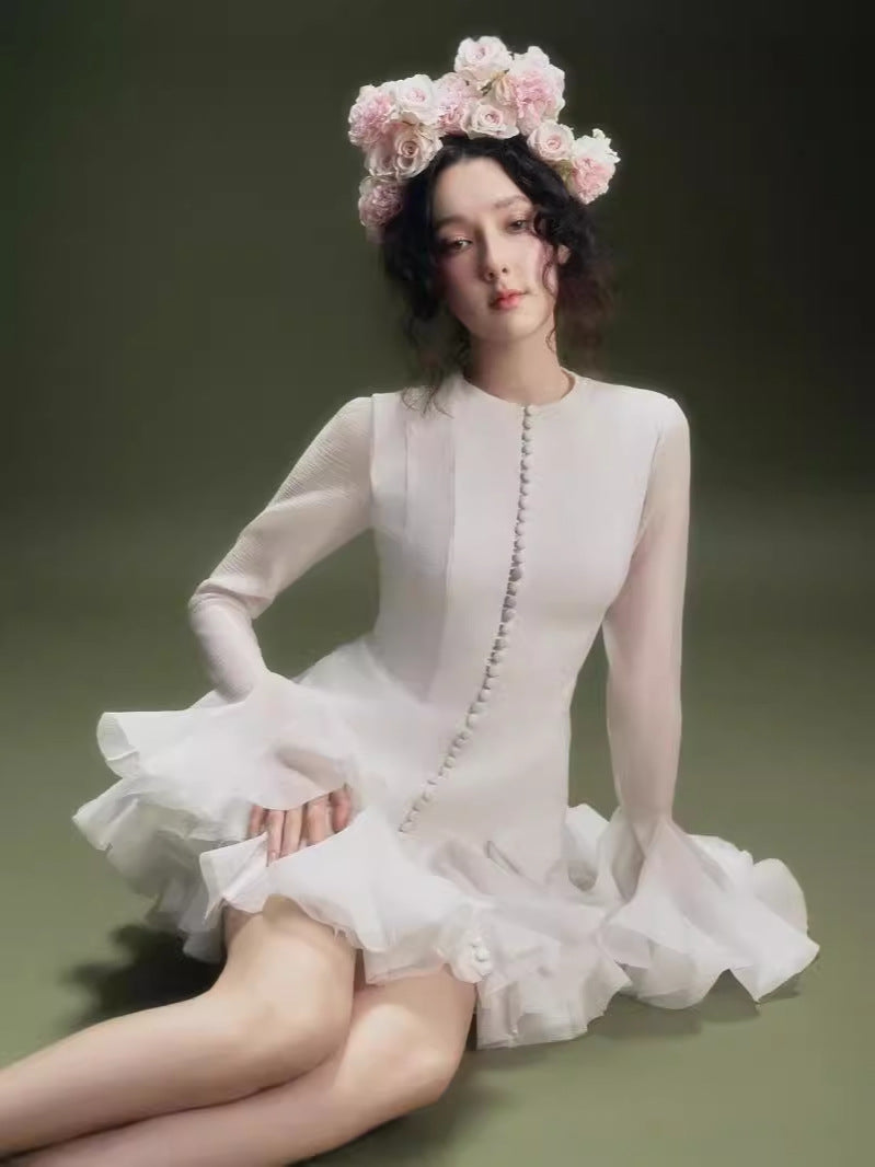 A-Word Puffed Dress Vietnamese Niche Autumn Collared Horn Sleeves Single-Clip-Enveheded Butbum Skirt Skirt