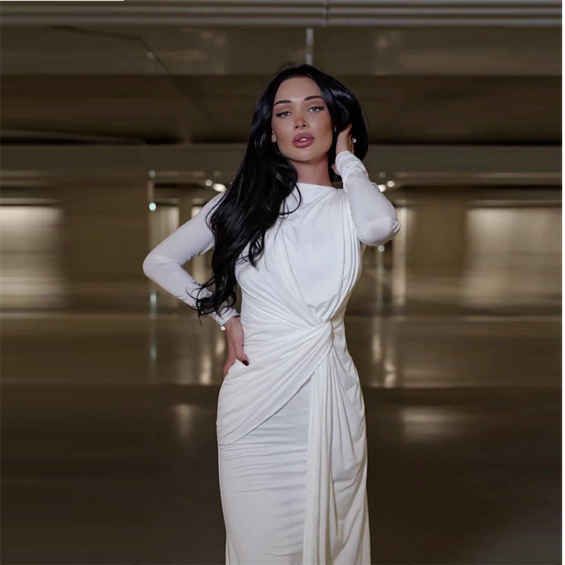 Sexy Fashion Round Collar Folds To The Waist To Repair The Solid Color Temperament Dress