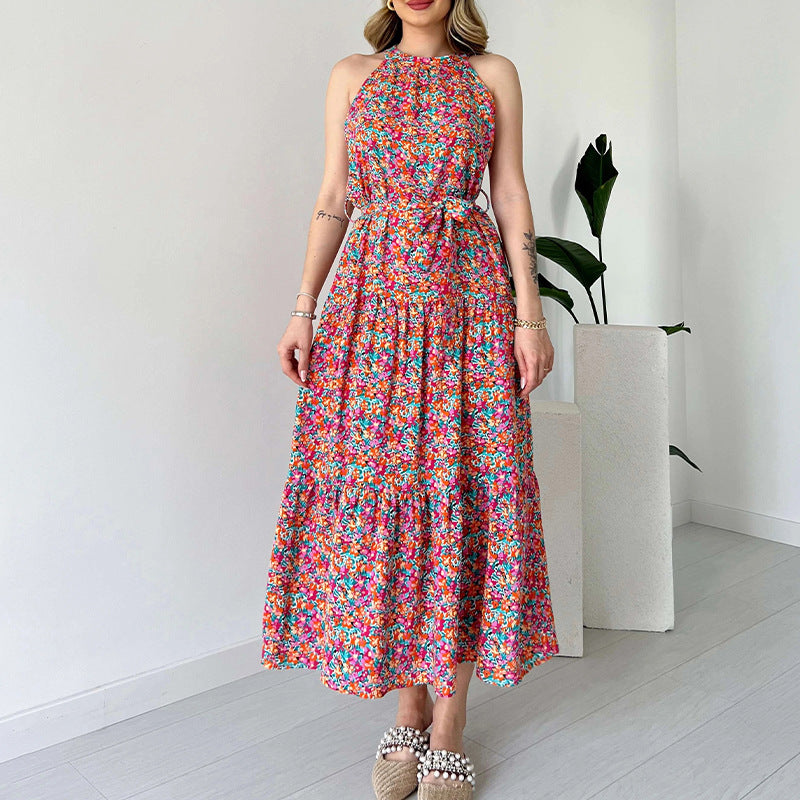 Women's Summer Hanging Sleeveless High-Waisted Body With Temperament Fashion Floral Dress