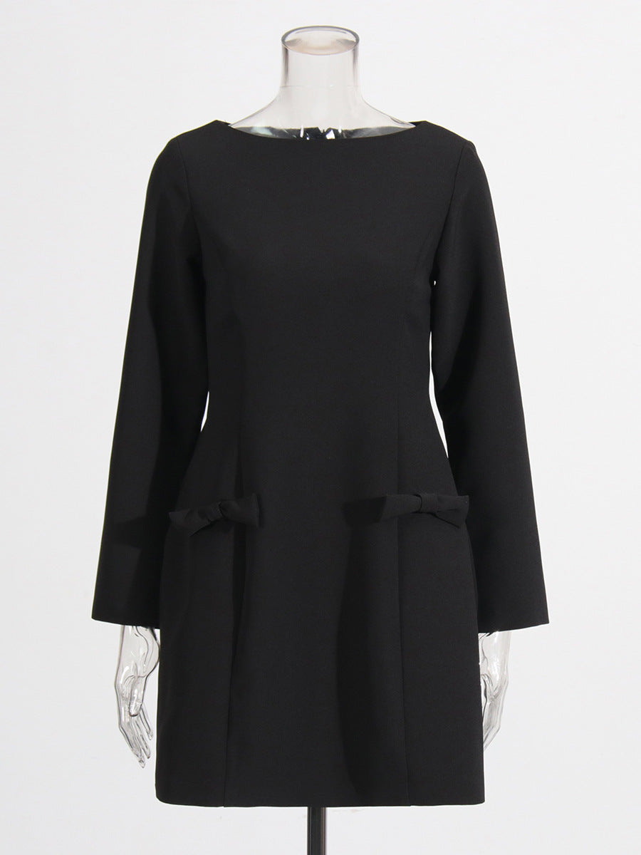 Temperament Simple Style Dress 2025 Spring And Summer New Round Collar Bow Pocket Design A-Character Dress
