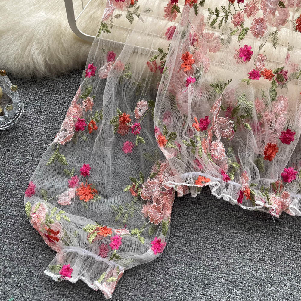 Shoulder Mesh Embroidery Perspective Shirt For Women's Summer Loose Bubble Sleeve Short Hoodie Long-Sleeved Lace Shirt DJPT