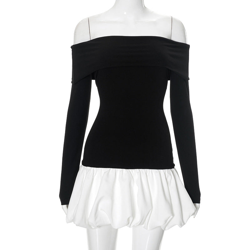 Women's New Word Collar Shoulder Long Sleeve Splicing Floral Skirt DJPT