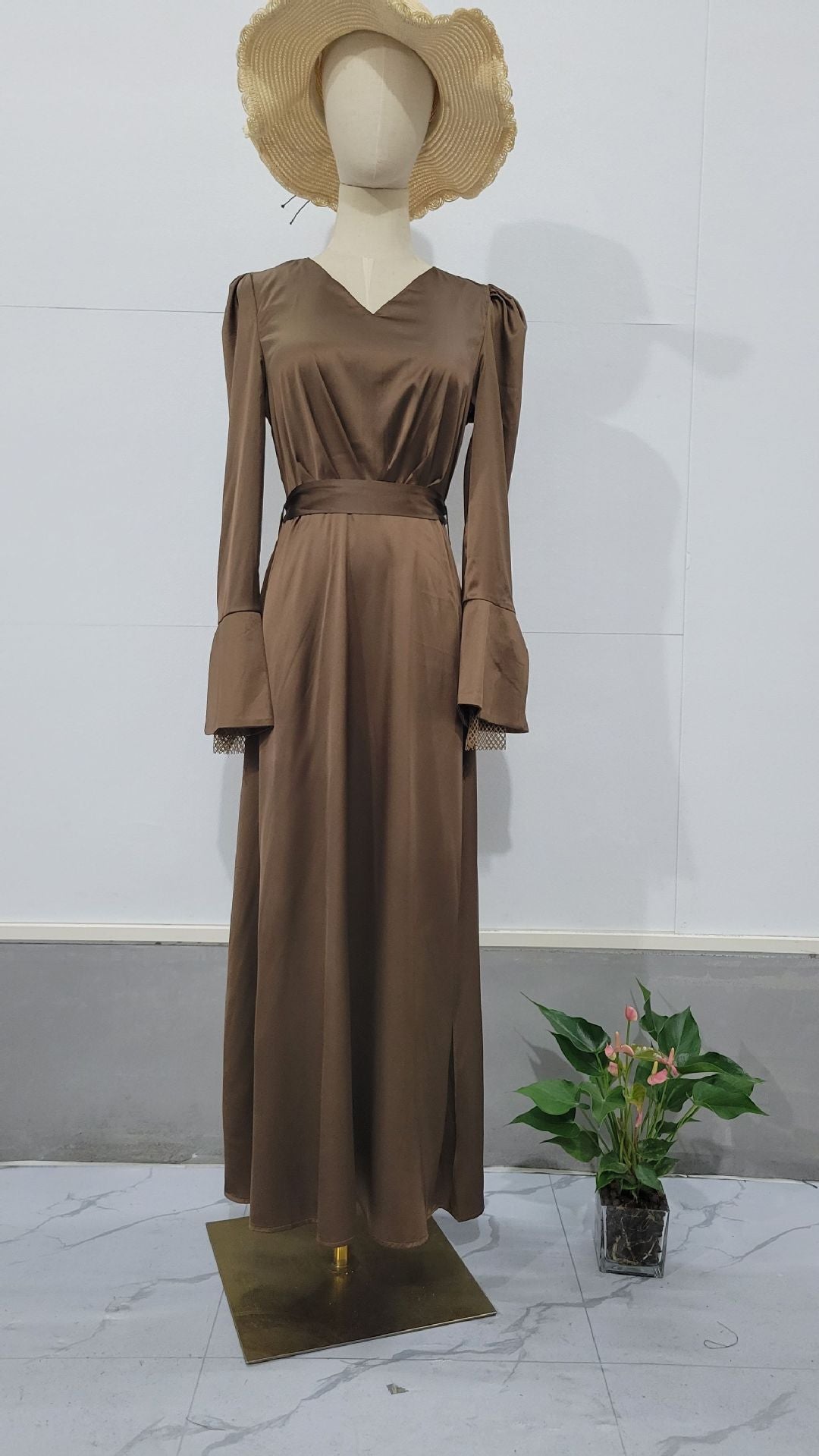 Temperament Retro V-Neck Age-Retracted Bubble Sleeve Long-Sleeved Collared With Long Sleeve Dress