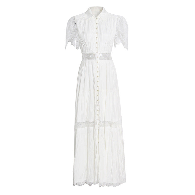 Black Rose Lace Stitched 2025 New Women's Summer Collar Short-Sleeved Long Solid Dress
