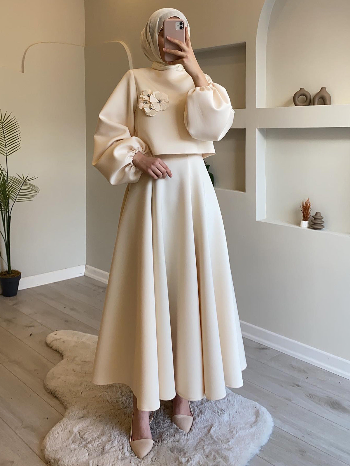 2024 New Middle East Dubai Flower Lantern Sleeve Loose Dress Dress Dress Suit Two Sets
