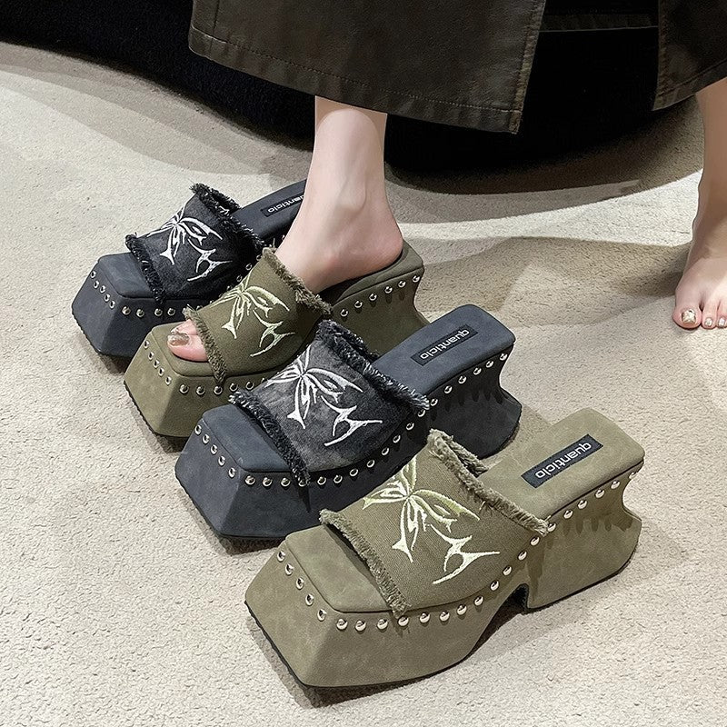 Slippers Women Wear 2024 Summer New Butterfly Thick-Bottomed Slippers Millennium Hot Girls Sexy Toe High-Heeled Sandals High Quality Shoes