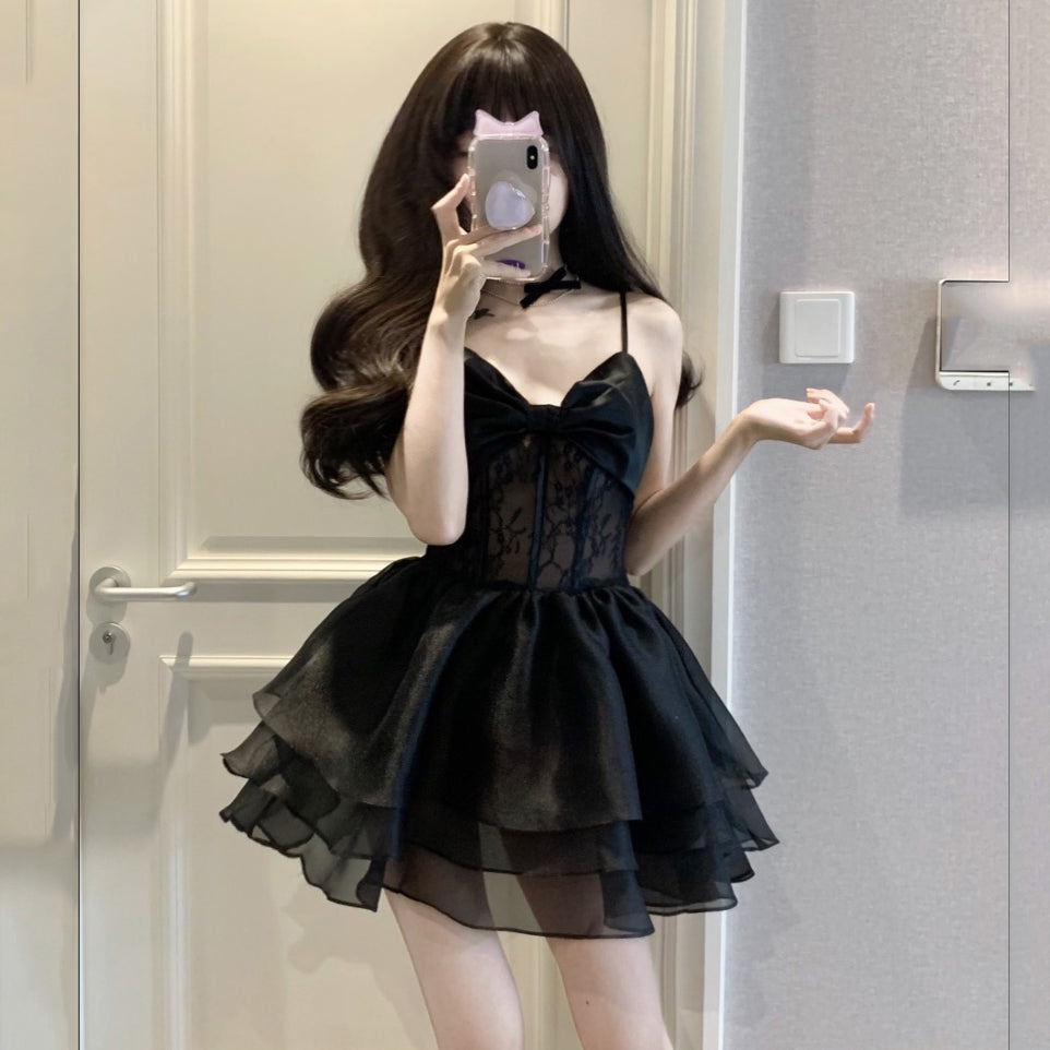 A line Spaghetti Straps Chiffon Black Holiday Dress Birthday Dresses Birthday Outfits SD1237