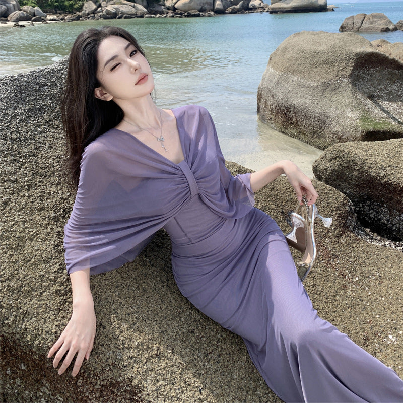 Design Pure Luster Brae-Shaped Shoulder Dress Studded Temperament Banquet Seaside Holiday Dress