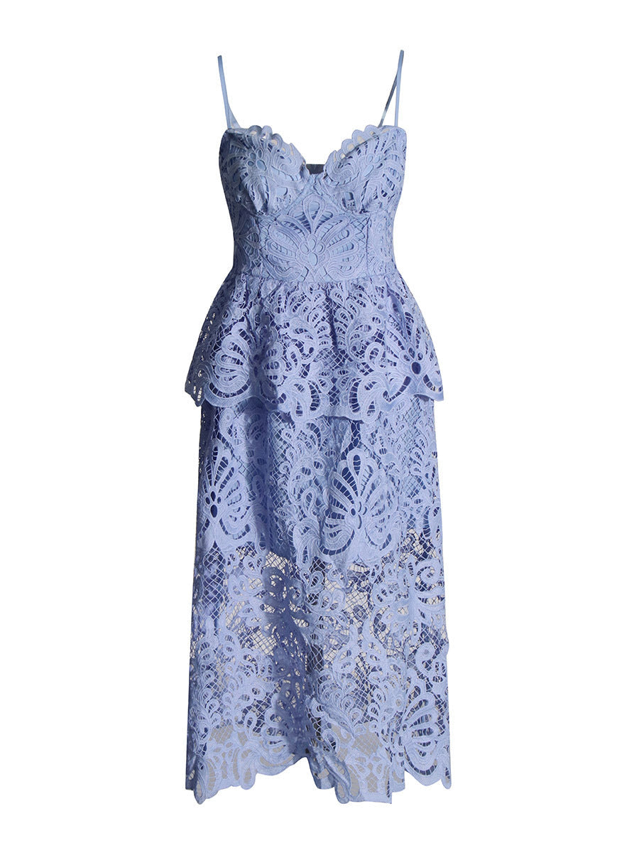 Elegant Wind-Sling Dress 2025 Spring Hollow Embroidered Water-Soluble Flower High-Waisted Bra Dress Female