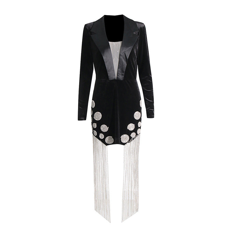 Sexy Suit Dress Women's Dress 2025 Spring New Heavy Industry Diamond Tud Escrow Splicing Long Sleeve Dress