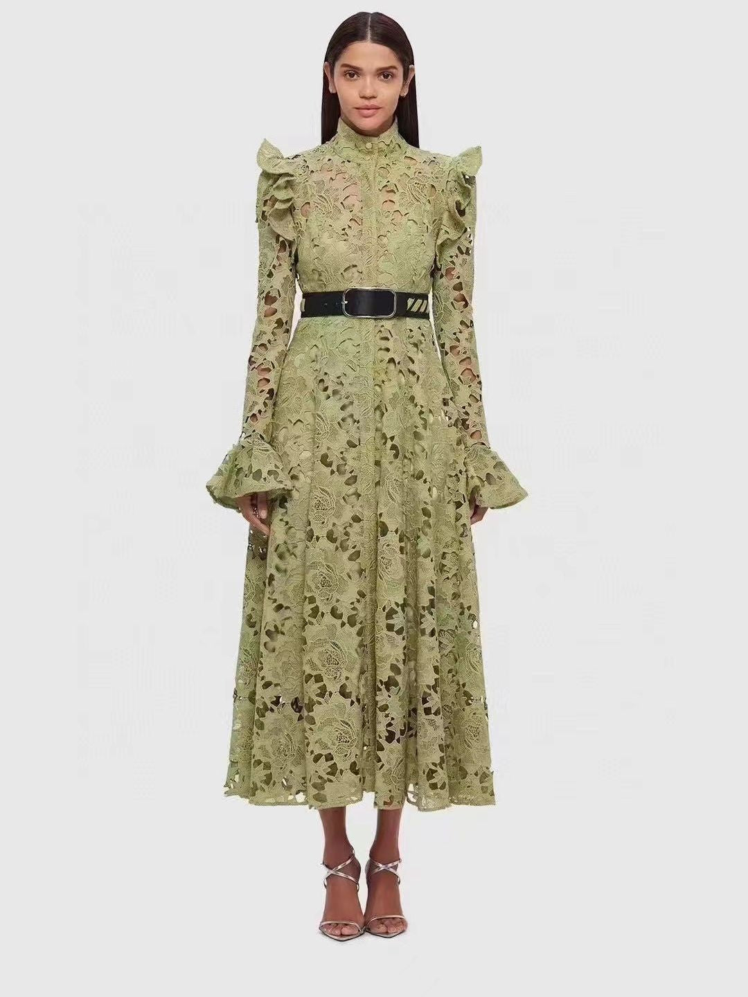 French Retro Elegant Style Embroidery Dress Collared Cardigan High-Waist A-Shaped Dress
