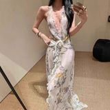 Niche Elegant Temperament Hanging Neck-Loaked Dress Woman 2025V Collar Folded Three-Dimensional Flower Dress