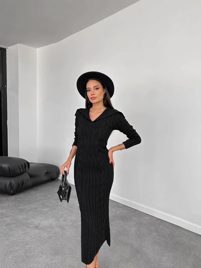 Fashion Knitted Solid Color In Autumn 2024 V-Neck Bag Hip Dress