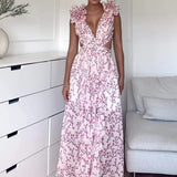 New Fashion Casual Home Sexy Printing Tie With Waist Folded Dress Woman