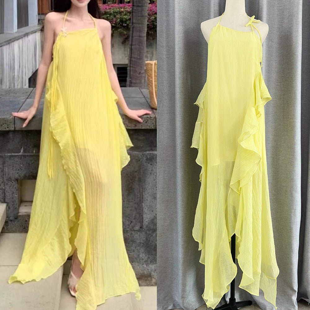 New Lotus Leaf Side Collar Hanging Neck-Loan Dress Seaside Holiday Atmosphere Dress
