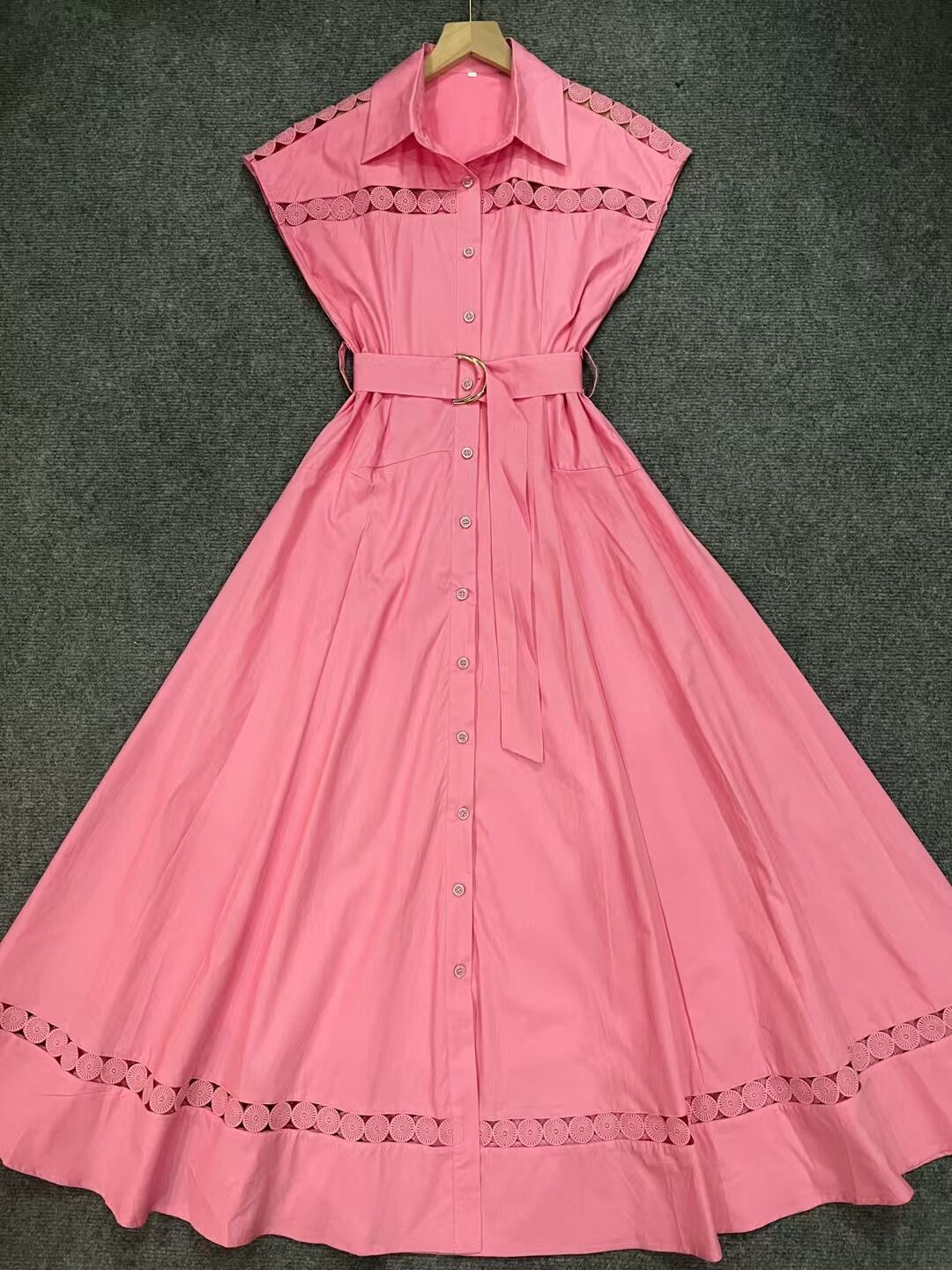 Spring And Summer Holiday Wind Collar Lace Splicing Hollow Belt Shirt Dress Dress