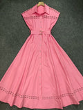Spring And Summer Holiday Wind Collar Lace Splicing Hollow Belt Shirt Dress Dress