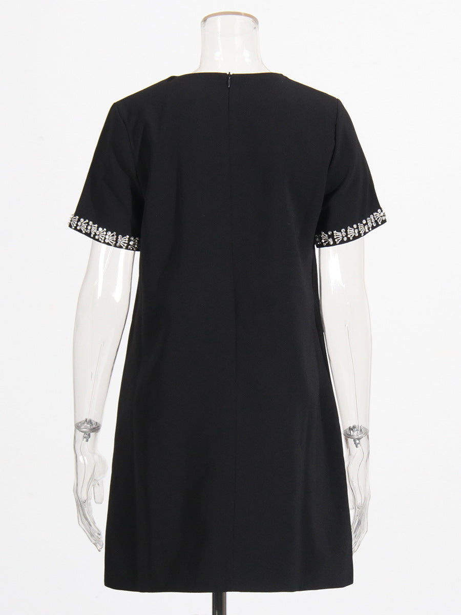 Diamond Drill Skirt 2025 Summer New Round Neck Short Sleeves Solid Color Waist Dress Dress Woman