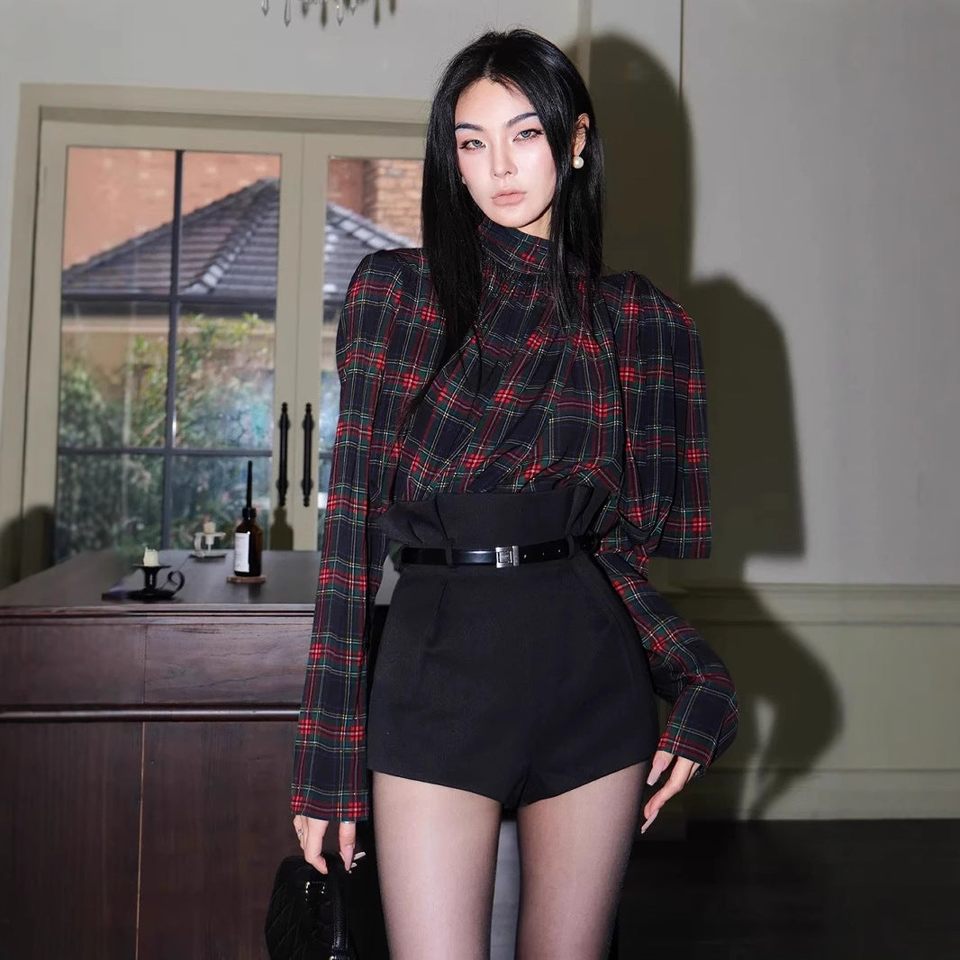 Belt) Zhao Sanguan Plaid Shirt Women 2025 Retro Plaid Shirt / High-Waisted Shorts