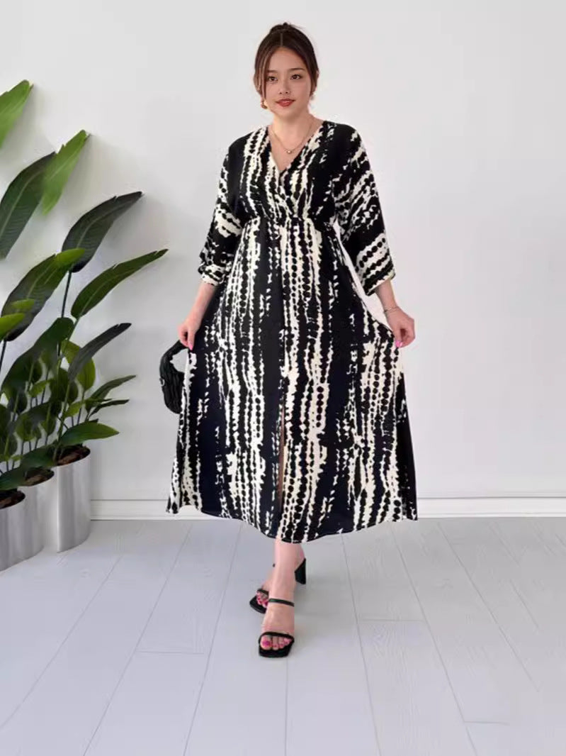 Fashion Prints In The Summer Of 2024 V-Neck Vacation Comfort Loose Dress