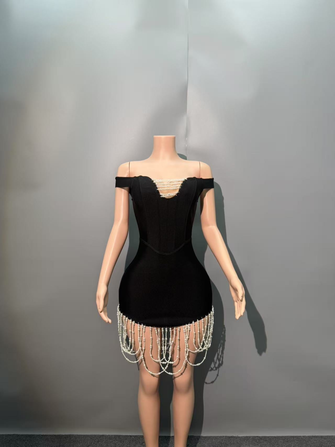 New Pendulum Multi-Layer Pearl Shoulder Short Ass Skirt Temperament High-End Light Luxury Dress Bandage Skirt