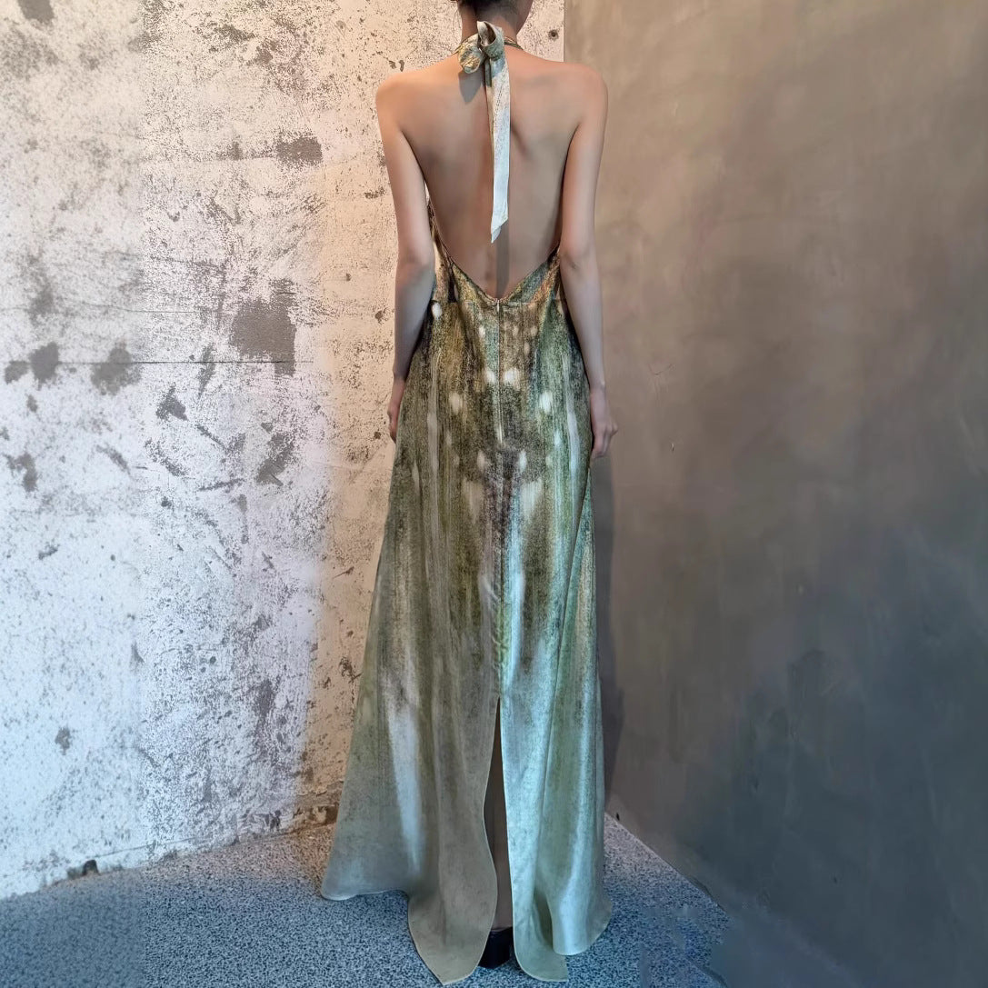 High-End Spring-Summer New Holiday Wind Hanging Shoulder Dress V Neck Strapped Bare Back Dress