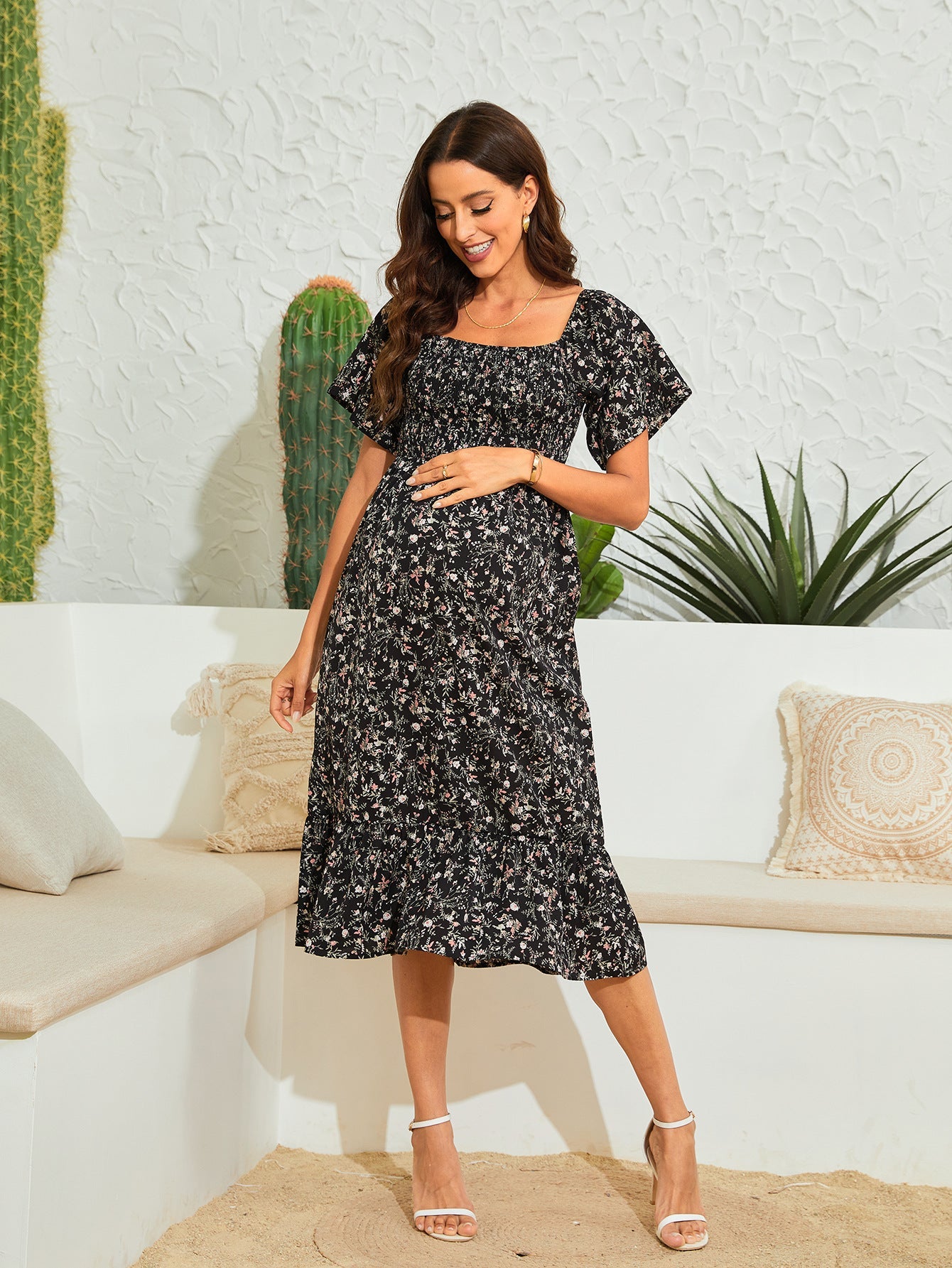 2025 New Summer Pregnant Woman Chiffon Dress Small Broken Floral Dress Short Sleeve Long Dress Maternity