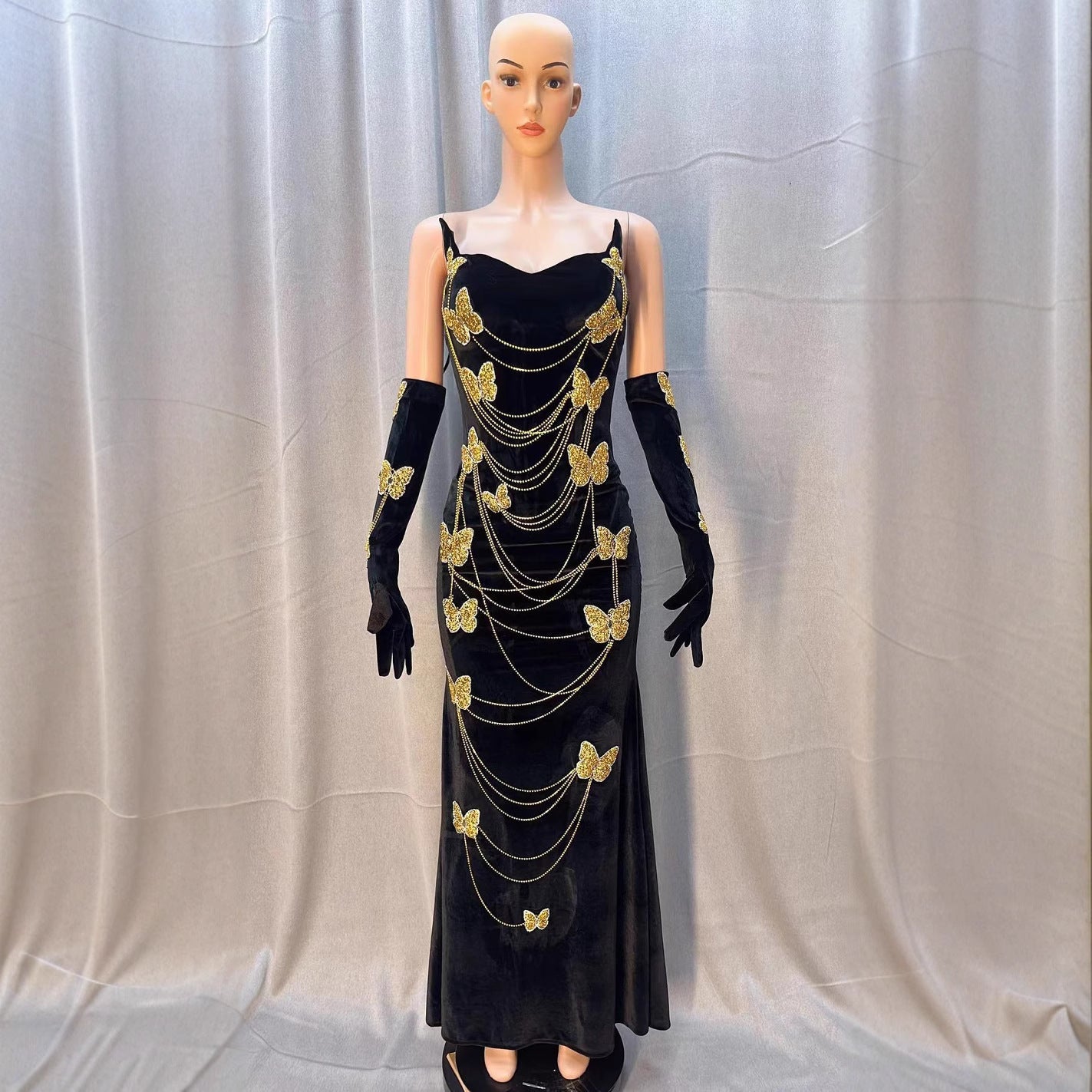 Body Golden Butterfly A Diamond Chain Dress Sexy Breast Repair Velvet Party Dress