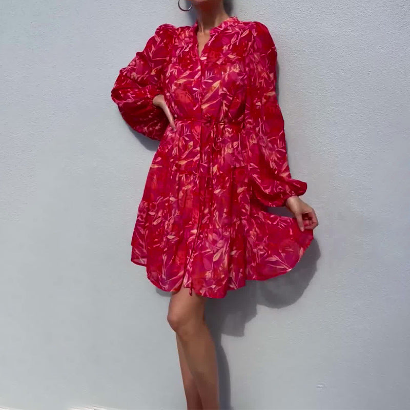 V-Neck Print Lantern Sleeve Chiffon High-Waisted Dress In Autumn 2024