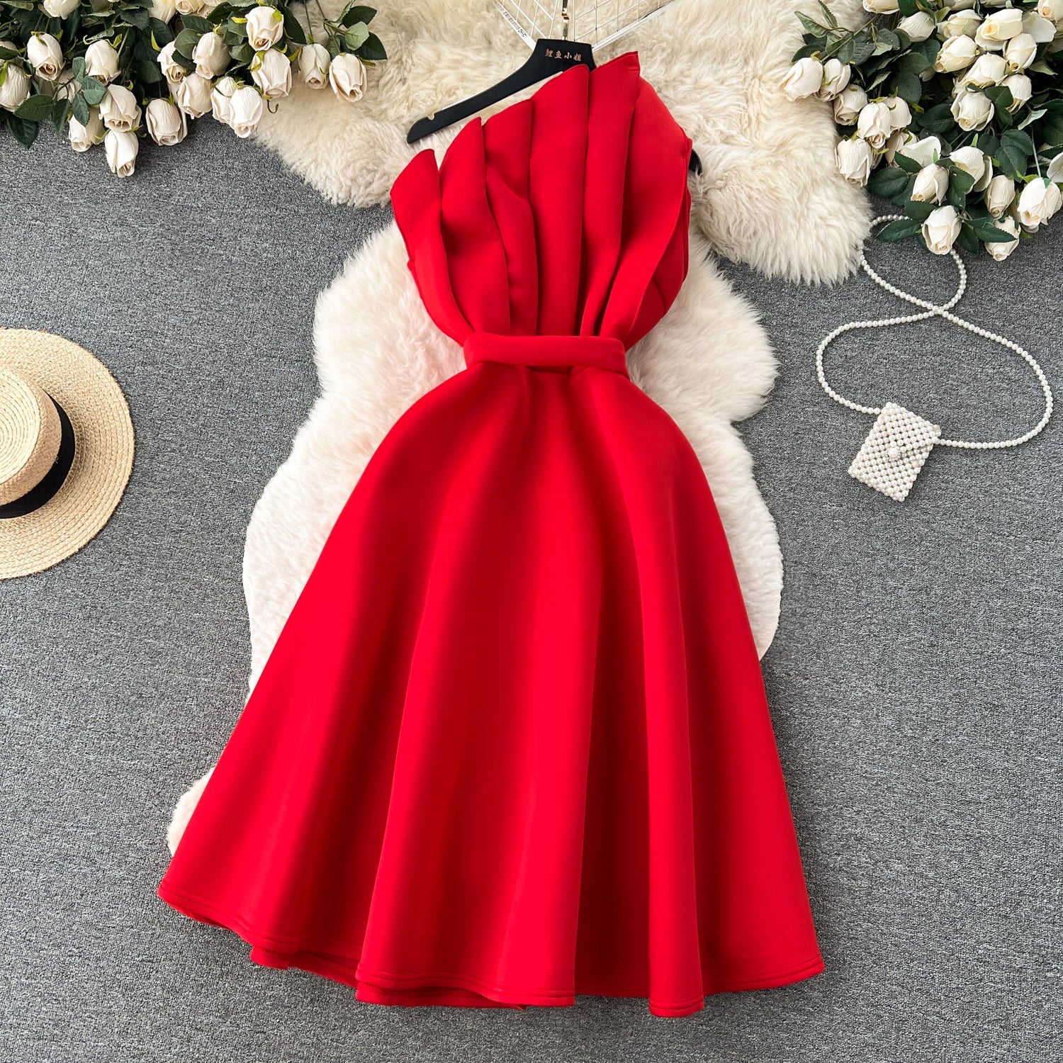 A line One Shoulder Ruffles Holiday Dresses Midi Length Women's Dress SD1277