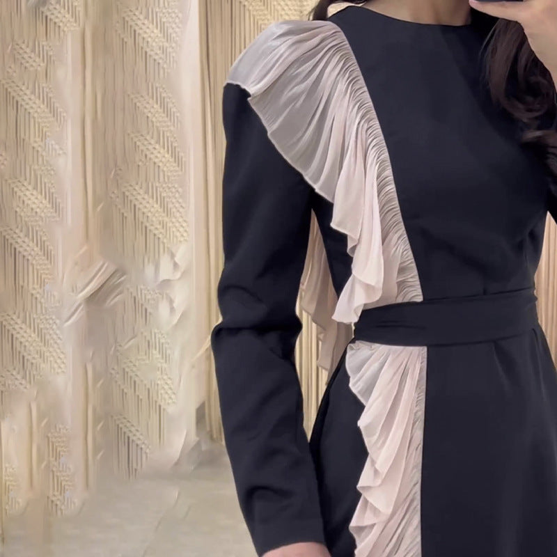 High-Level Temperament Side Irregular Lotus Side Design Contrast Dress