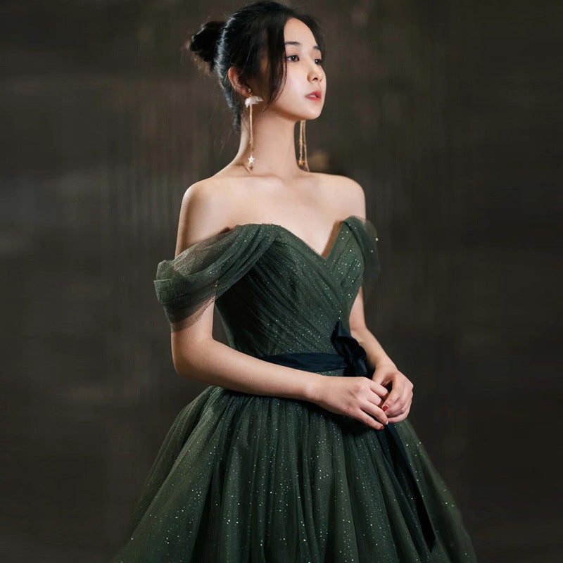 Evening Dress 2025 Summer New Green One-Word Shoulder Fairy Masturity Host Dress
