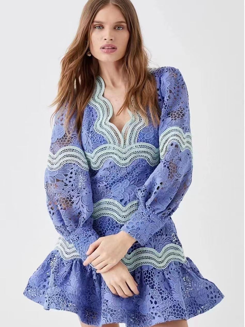 Autumn New V-Neck Lantern Sleeve Splicing Hollow Design Short Dress Woman