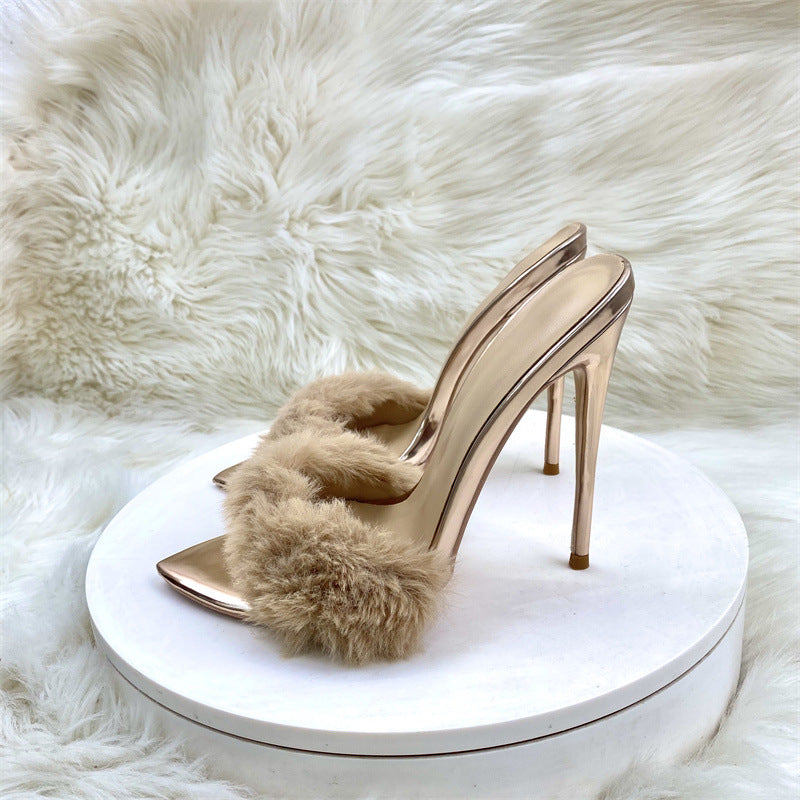 Sandals Tips Champagne Hairshoes Women's High Heels 12Cm High Quality Shoes
