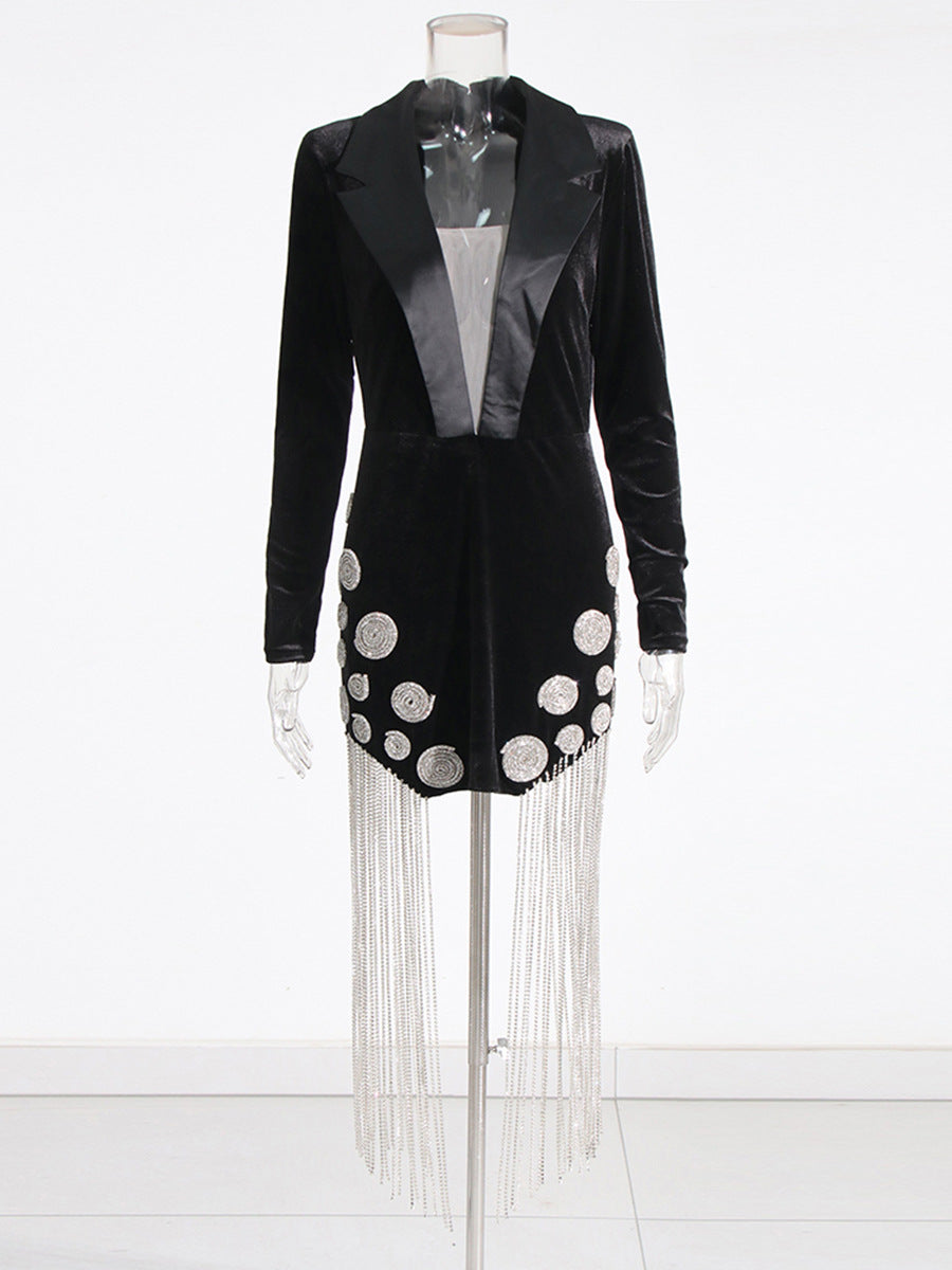 Sexy Suit Dress Women's Dress 2025 Spring New Heavy Industry Diamond Tud Escrow Splicing Long Sleeve Dress